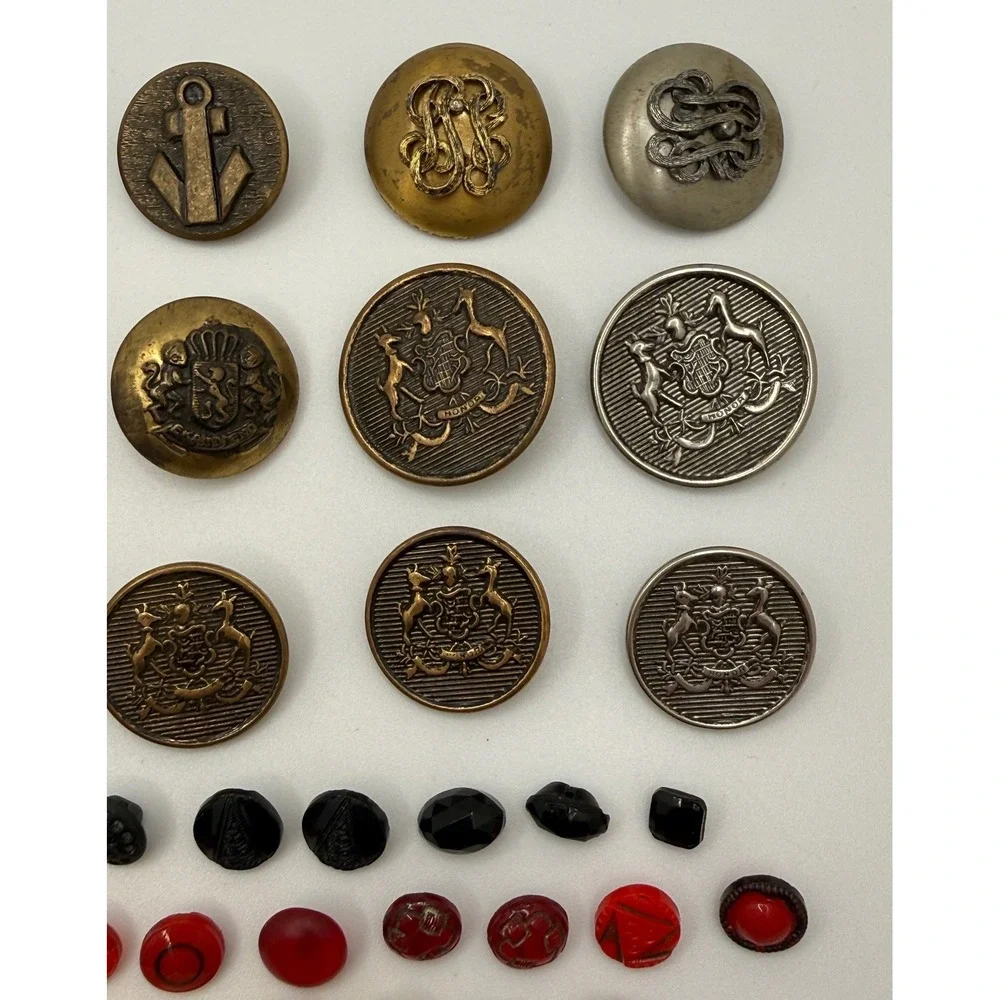 Vintage and Antique Button Lot Mixed Materials Brass Glass Military 60+ Pieces